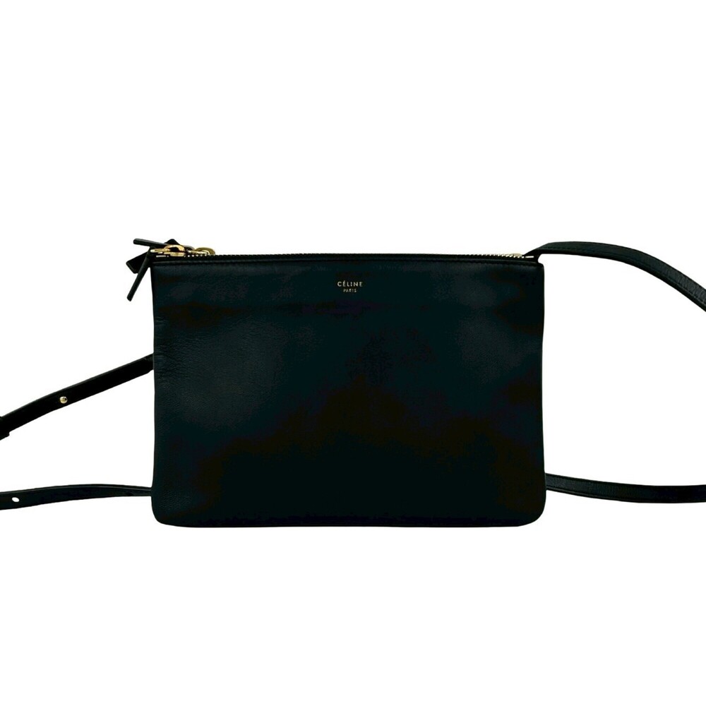 CELINE Trio Small Leather Mini Shoulder Bag, Sacoche, Pouch, Body Black (56843)